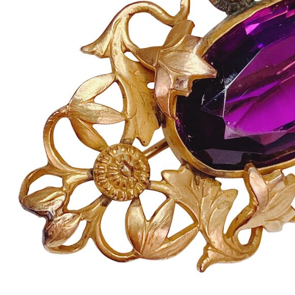 Antique Art Nouveau Gold Tone Ivy Vine Brooch Purple Glass Edwardian 1900s Pin - Picture 3 of 14